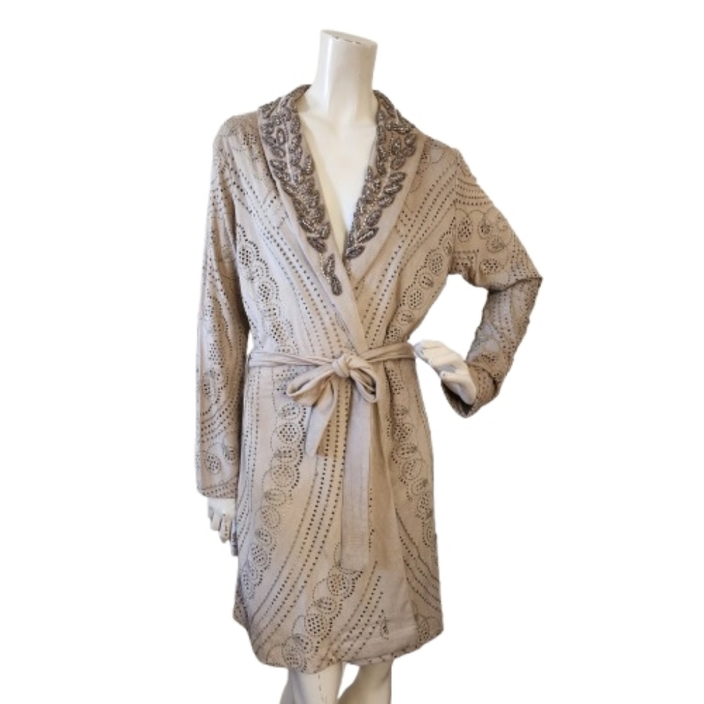 Boston Proper Jacket Women's M Beige Embellished Faux Suede Mid Length Boho